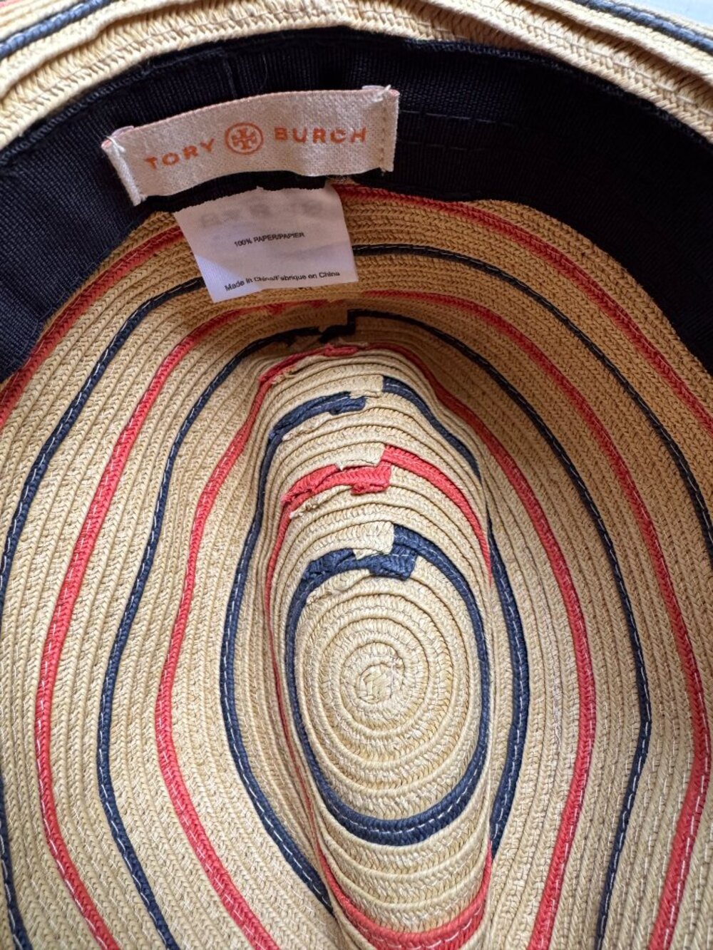 Tory Burch Straw Fedora Hat Navy Coral Stripe Gold Logo - Picture 6 of 6